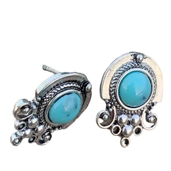 Silver and Turquoise Designed Drop Earrings - Picture 5 of 6